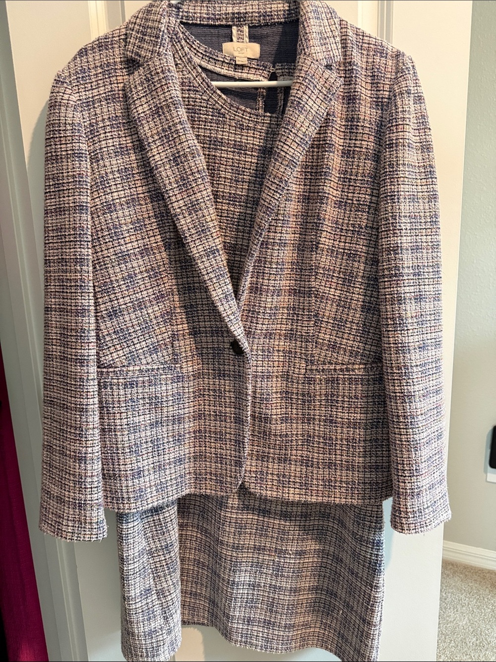 2-Piece LOFT Tweed Blazer and Skirt Set in Ivory and Navy